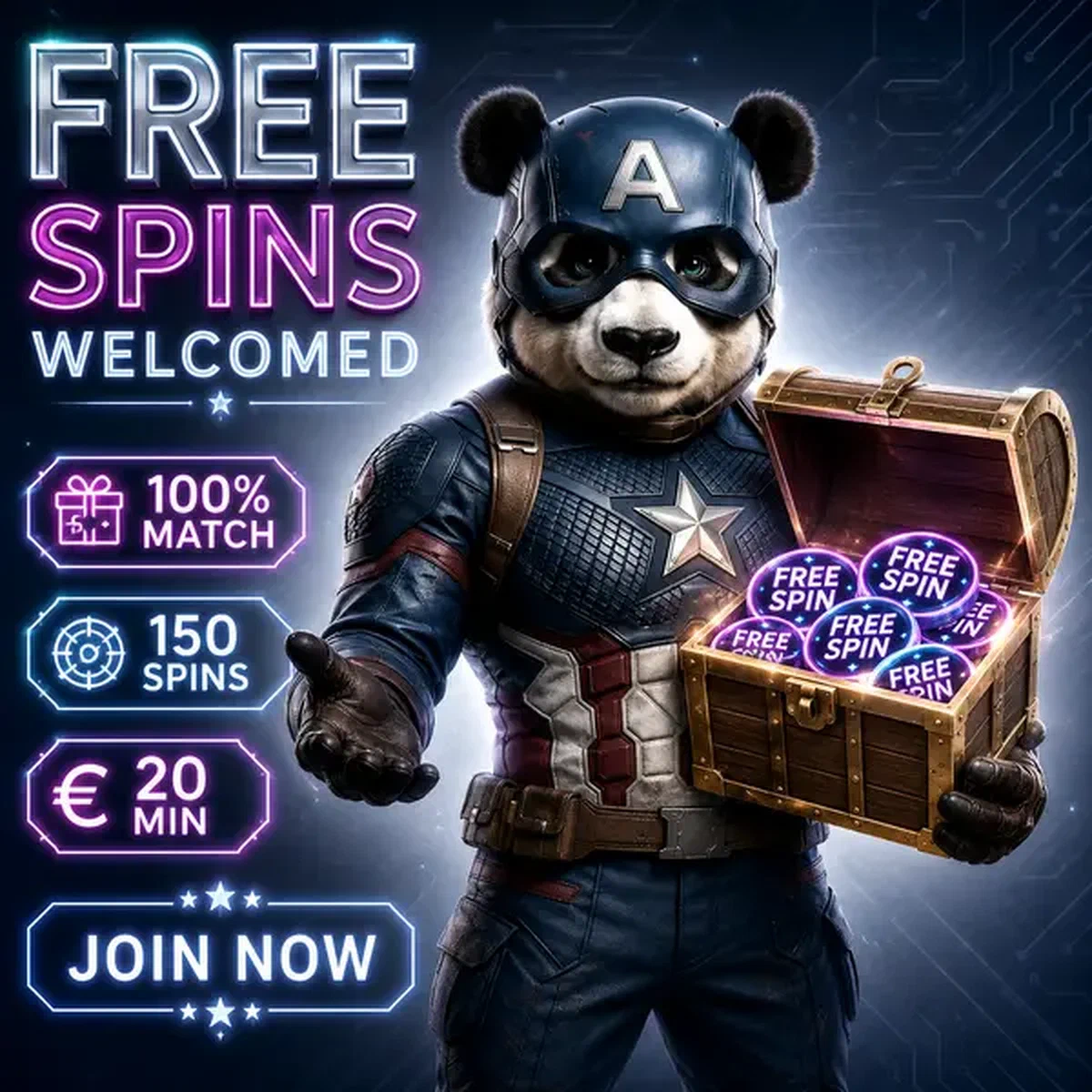 Bruno der Panda hält Schatztruhe mit Freispielen im Willkommensbereich von Bruno Casino