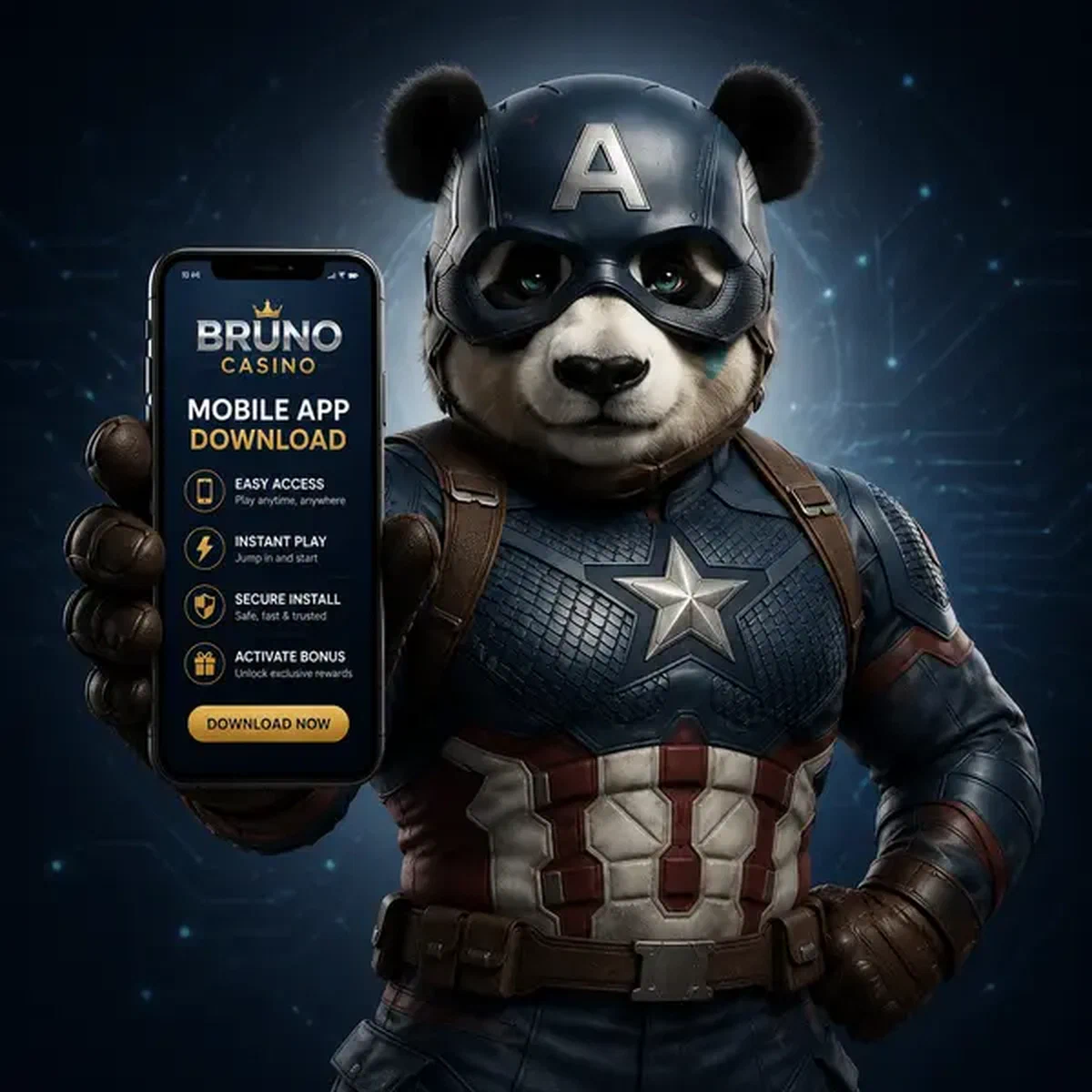 Bruno der Panda hält selbstbewusst ein Smartphone mit der Bruno Casino Mobile App-Oberfläche