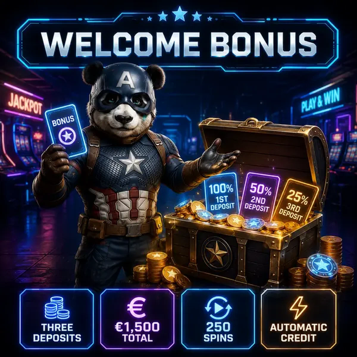 Bruno der Panda präsentiert Willkommensbonus-Schatz bei Bruno Casino mit leuchtenden Belohnungskarten