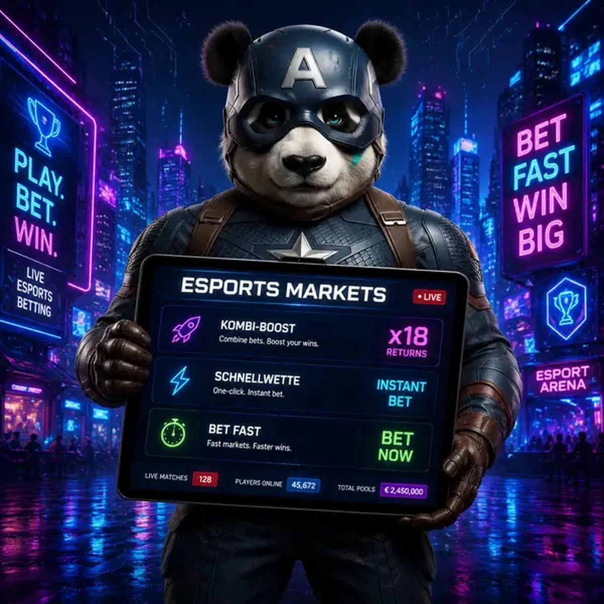 Bruno hält Tablet mit Esport-Wettquoten in neonbeleuchteter Gaming-Arena