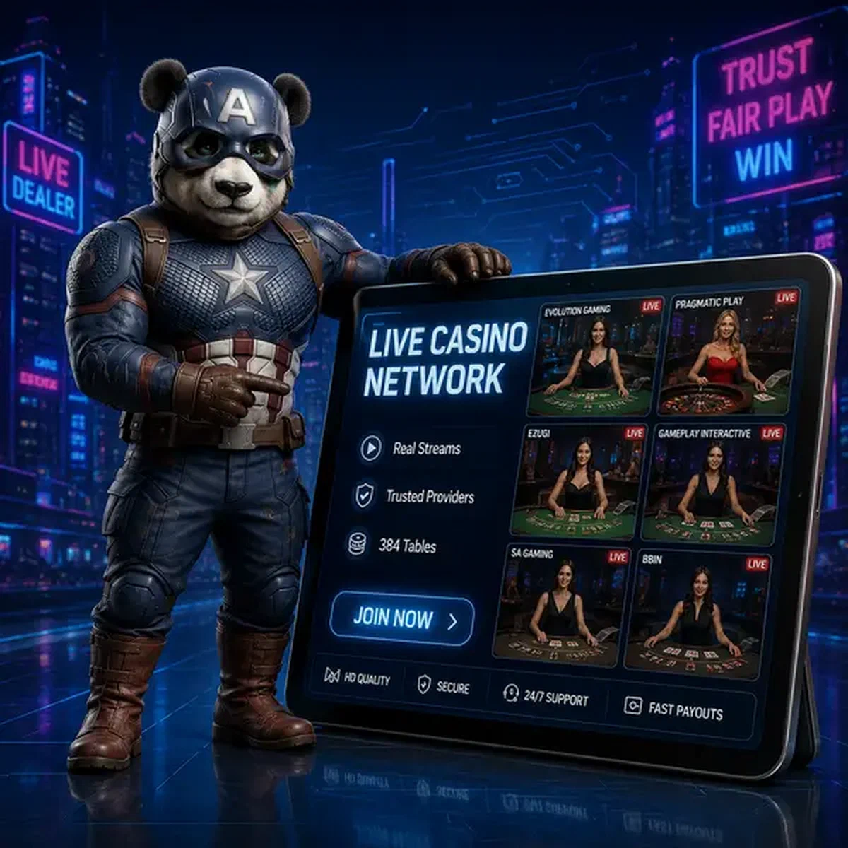 Bruno der Panda überwacht Live-Casino-Streams auf digitalem Tablet im Anbieter-Netzwerk-Hub