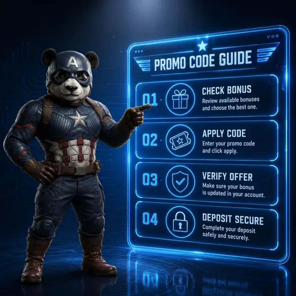 Bruno der Panda gibt Promo-Code an leuchtendem Validierungspanel zur Bonusfreischaltung ein
