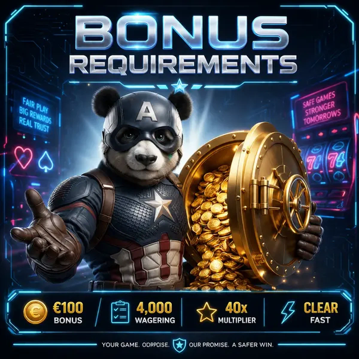 Bruno der Panda präsentiert goldenen Bonus-Tresor bei Bruno Casino Umsatzbedingungen-Anzeige