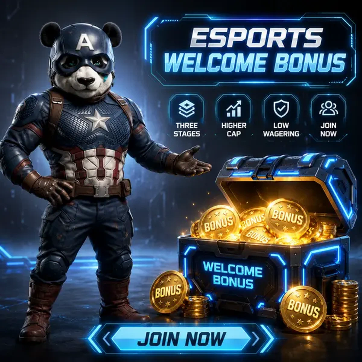 Bruno der Panda in taktischer Rüstung präsentiert Esport-Wetten-Willkommenspaket bei Bruno Esport-Wetten