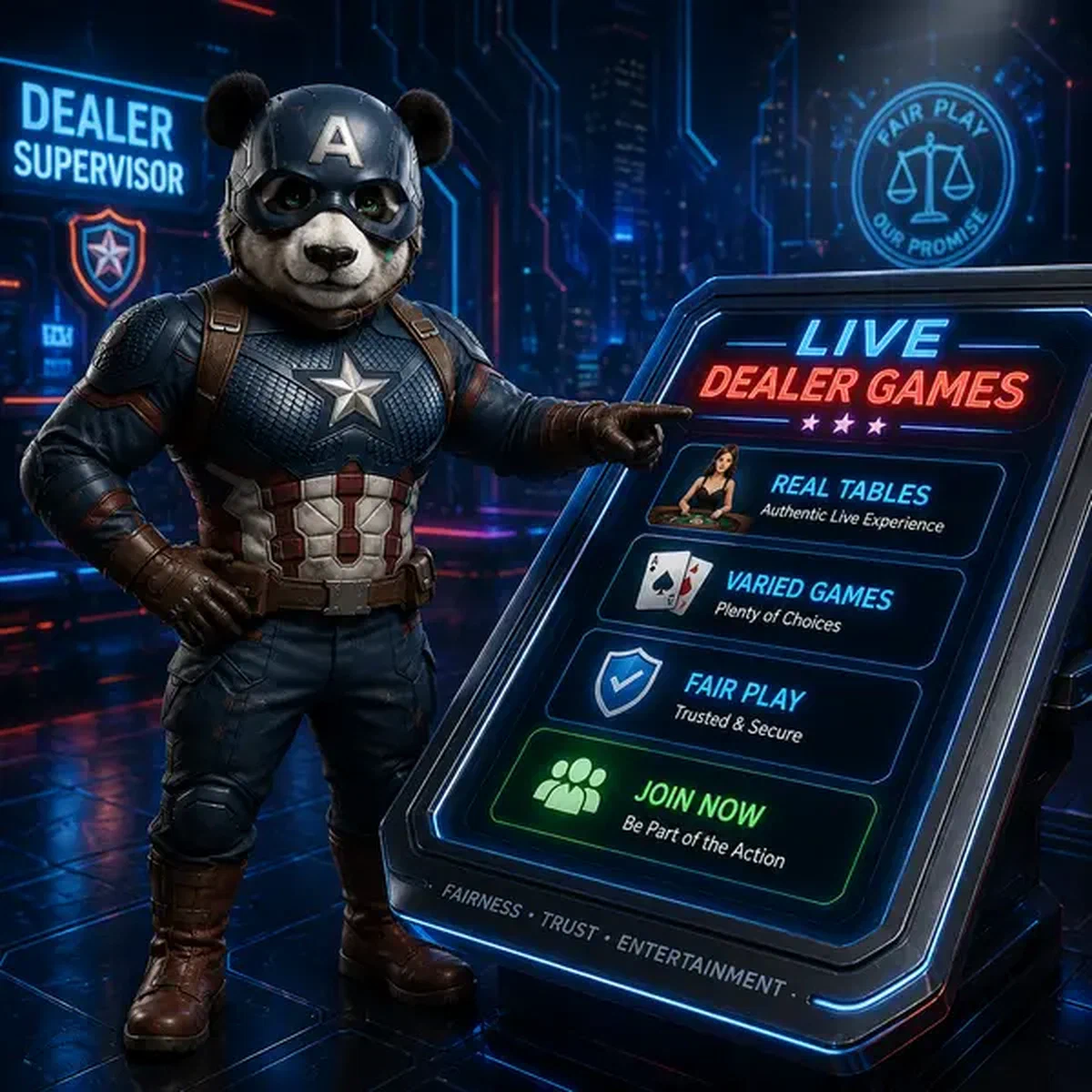 Bruno der Panda überwacht Live-Dealer-Action an fairen Spieltischen mit Neon-Display
