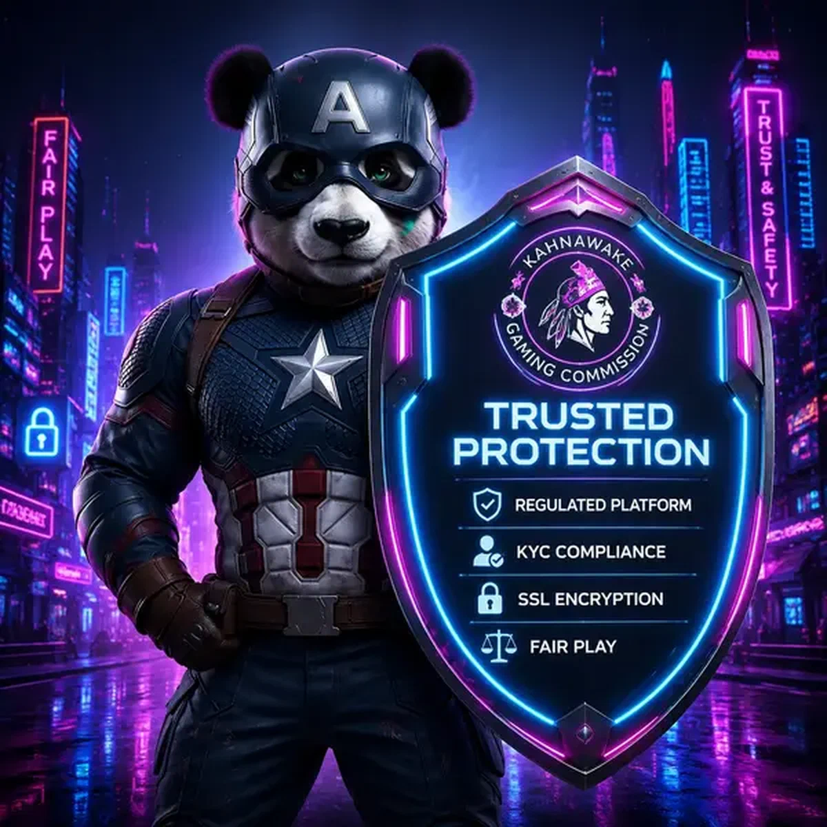 Bruno der Panda hält Schild mit Kahnawake Gaming Commission Emblem für Spielerverifizierung auf vertrauenswürdiger Plattform
