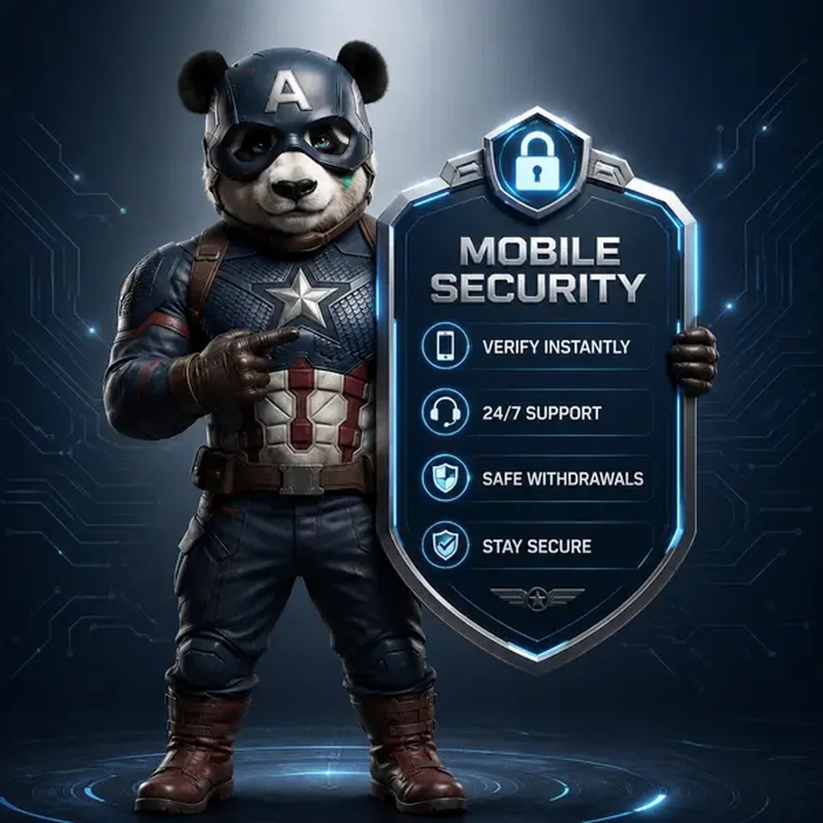 Bruno der Panda präsentiert die Mobile Security and Login Features App mit leuchtendem Sicherheitsabzeichen