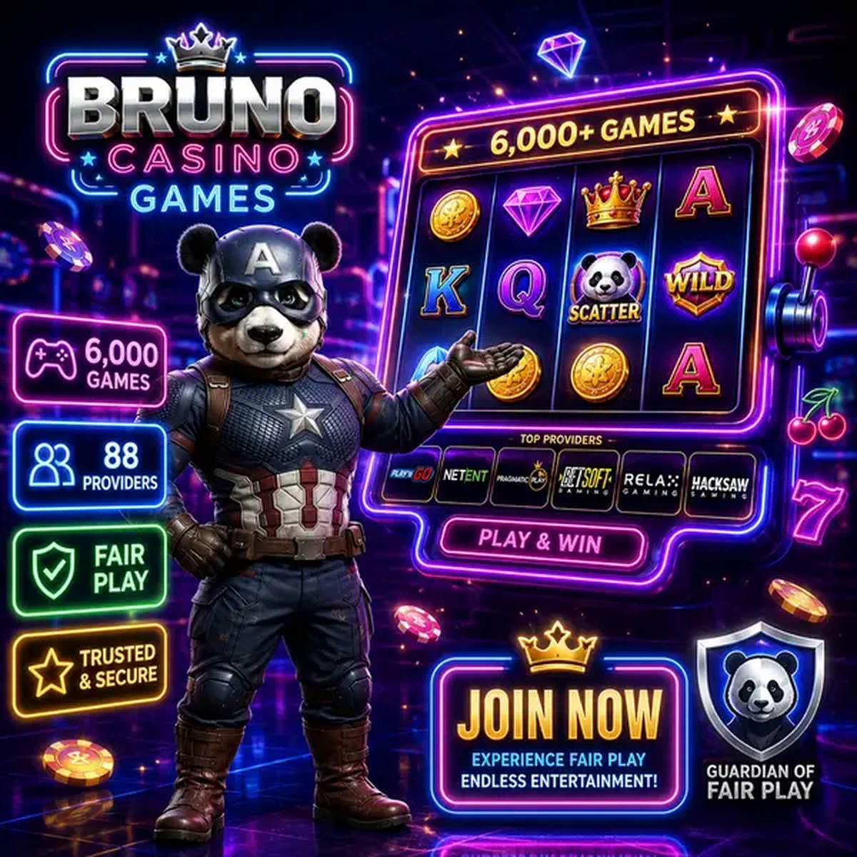 Bruno der Panda zeigt auf Spielautomaten bei Bruno Casino Neon-Arcade