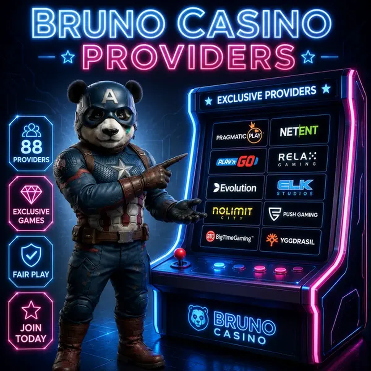 Bruno der Panda präsentiert Bruno Casino Software-Anbieter neben leuchtender Arcade-Konsole