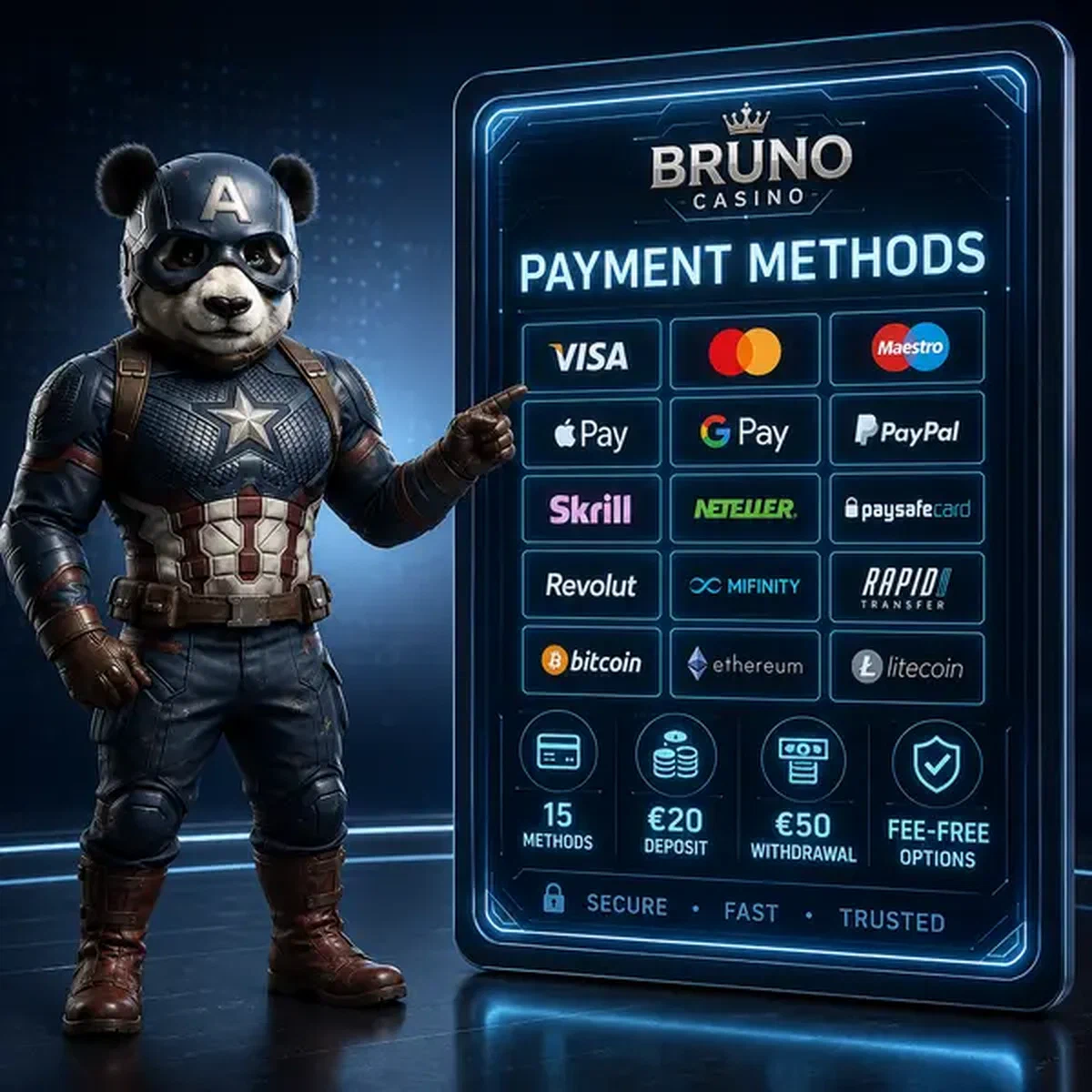 Bruno der Panda präsentiert vielfältige Zahlungsmethoden am Bruno Casino digitalen Display